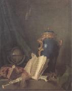 Still Life with a Vase of Lapis a Globe and Bagpipes (san 05) Henri-Horace Roland de La Porte